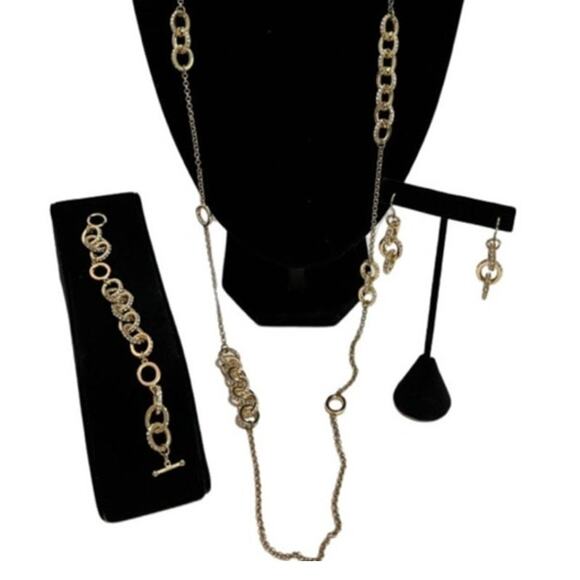 Charter Club Gold Tone Crystal Rings Station Necklace 30" Bracelet Earrings Set - Picture 1 of 6